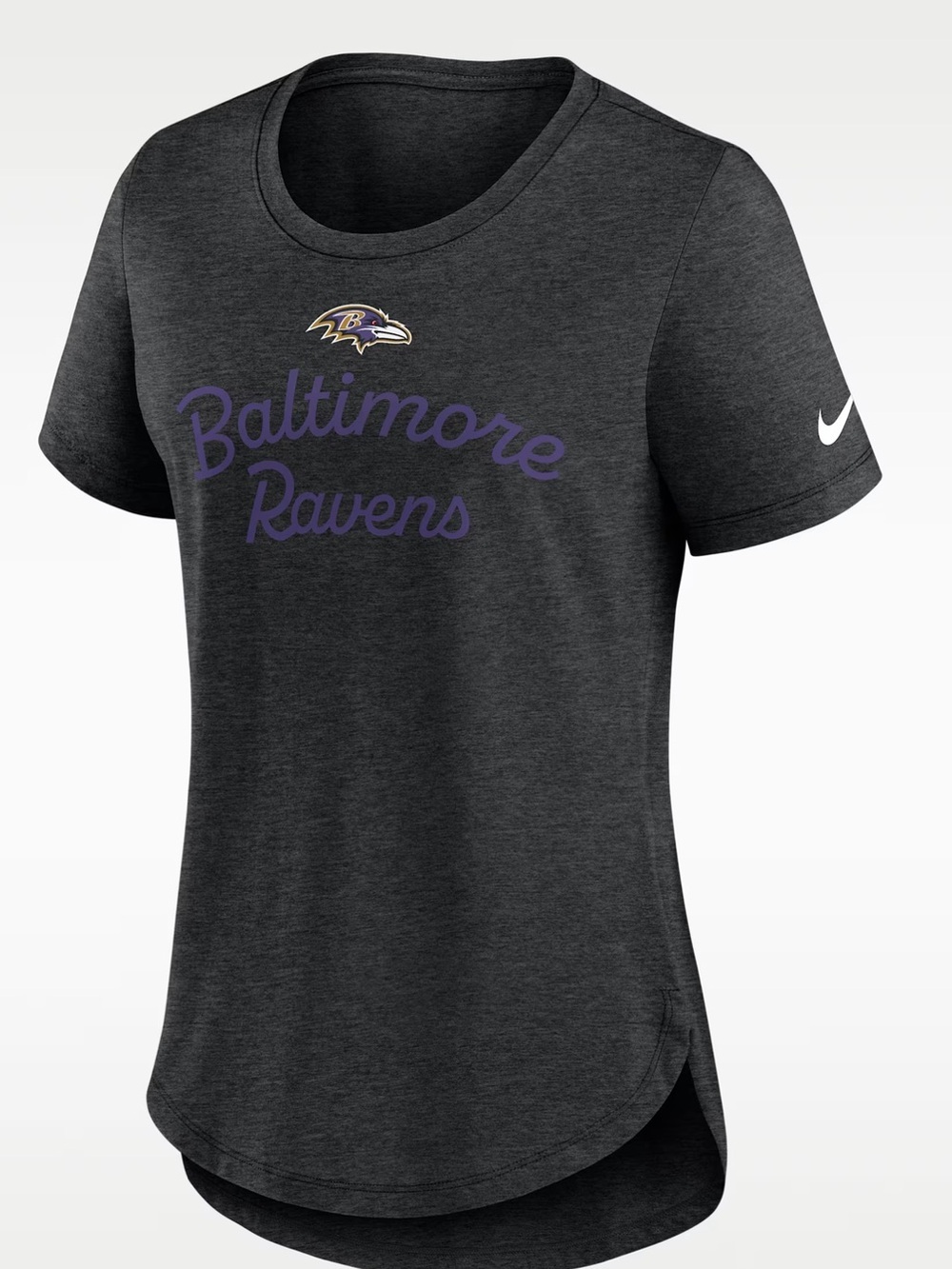 Baltimore Ravens Script Women's Nike NFL T-Shirt grey curved hem soft SM new